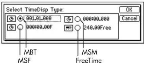 Select TimeDisp Type: 001.01.000 000:00.00F 000:00.000 240.00Free OK Cancel MBT MSF MSM FreeTime
