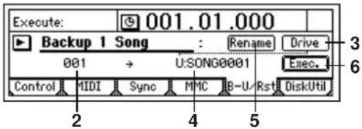 Execute: 001.01.000 Backup 1 Song : Rename Drive 001 U:SONG0001 Exec. Control MIDI Sync MMC B-U/Rst DiskUtil 2 4 5