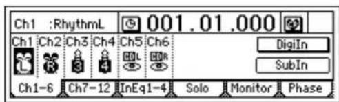 Ch1 :RhythmL 001.01.000 Ch1 Ch2 Ch3 Ch4 Ch5 Ch6 DigiIn Ch1-6 Ch7-12 InEq1-4 Solo Monitor Phase