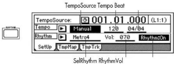 TempoSource Tempo Beat TempoSource: 001.01.000 (L1:1) Tempo Manual 120 04/04 Rhythm Metro4 Vol: 070 RhythmOn SetUp TmpMap TmpTrk SelRhythm RhythmVol