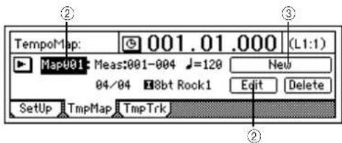TempoMap: 001.01.000 (L1:1) Map001: Meas:001-004 J=120 New 04/04 8bt Rock1 Edit Delete SetUp TmpMap TmpTrk