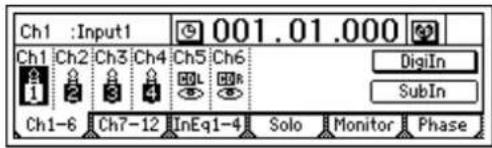 Ch1 :Input1 001.01.000 Ch1 Ch2 Ch3 Ch4 Ch5 Ch6 DigiIn SubIn Ch1-6 Ch7-12 InEq1-4 Solo Monitor Phase