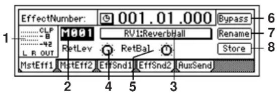 EffectNumber: 001.01.000 CLP M001 RV1:Reverbhall Rename Store L R OUT RetLev RetBal MstEff1 MstEff2 EffSnd1 EffSnd2 RuxSend