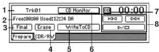 Trk01 CD Monitor 00:00 Free:00:00 Used:12:34 DR Final Erase WriteToCD Prepare CDR/Rw 4 5 6 7 8