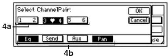Select ChannelPair: 1 2 3 ♥ 4 5 6 OK Cancel Eq Send Aux Pan se 4a 4b