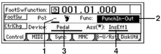 FootSwFunction: 001.01.000 FootSw Pot Func: PunchIn-Out CtrlChg Device: Pedal Ass(#): InsEff1 Control MIDI Sync MMC B-U/Rs DiskUtil 1 3 4