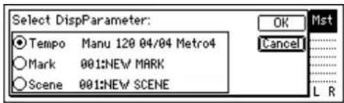 Select DispParameter: Tempo Manu 120 04/04 Metro4 Mark 001:NEW MARK Scene 001:NEW SCENE OK Mst Cancel L R