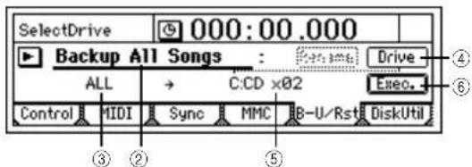 SelectDrive 000:00.000 Backup All Songs : Drive ALL C:CD x02 Exec. Control MIDI Sync MMC B-U/Rst DiskUtil