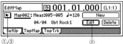 EditMap 001.01.000 (L1:1) Map002: Meas:005-005 =120 New 04/04 8bt Rock1 Edit Delete $etUp TmpMap TmpTrk ①,③ ②