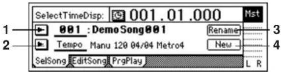 SelectTimeDisp: 001.01.000 Mst 001 : Demo Song001 Rename Tempo Manu 120 04/04 Metro4 New SelSong EditSong PrgPlay L R