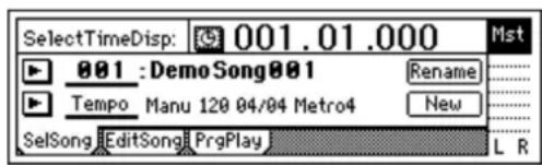 SelectTimeDisp: 001.01.000 Mst 001 : Demo Song001 Rename Tempo Manu 120 04/04 Metro4 New SelSong EditSong PrgPlay L R