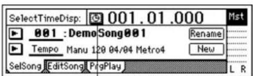 SelectTimeDisp: 001.01.000 001 : Demo Song001 Rename Tempo Manu 120 04/04 Metro4 New SelSong EditSong PrgPlay L R