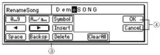 RenameSong D e m o S O N G 0..9 A.../a... Symbol ← ▶ Insert Space Backsp Delete ClearAll ④ Cancel