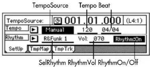 TempoSource Tempo Beat TempoSource: 001.01.000 (L4:1) Tempo Manual 120 04/04 Rhythm R&Funk 1 Vol: 070 RhythmOn Setup TmpMap TmpTrk SelRhythm RhythmVol RhythmOn/Off