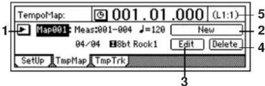 TempoMap: 001.01.000 (L1:1) Map001: Meas:001-004 J=120 New 04/04 8bt Rock1 Edit Delete SetUp TmpMap TmpTrk 3