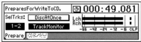 PreparesForWriteToCD. 000:49.081 SelTrks: DiscAtOnce Lch 1-2 TrackMonitor Rch -55 -42 -24 -12 -8 CLP Prepare