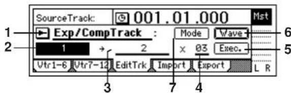 SourceTrack: 001.01.000 Mst Exp/CompTrack : Mode Wave 1 2 x 03 Exec. Vtr1-6 Vtr7-12 EditTrk Import Export L R 3 7 4
