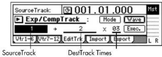 SourceTrack: 001.01.000 Mst Exp/CompTrack : Mode Wave 1 → 2 × 03 Exec. Vtr1-6 Vtr7-12 EditTrk Import Export L R SourceTrack DestTrack Times