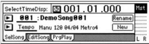 SelectTimeDisp: 001.01.000 001 : Demo Song001 Rename Tempo Manu 120 04/04 Metro4 New SelSong EditSong PrgPlay L R