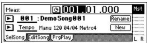 Meas: 001.01.000 Mst 001 : Demo Song001 Rename Tempo Manu 120 04/04 Metro4 New SelSong EditSong PrgPlay L R