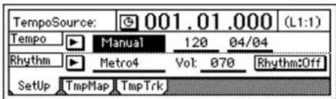 TempoSource: 001.01.000 (L1:1) Tempo Manual 120 04/04 Rhythm Metro4 Vol: 070 Rhythm:Off Setup TmpMap TmpTrk