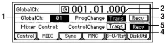 GlobalCh: 001.01.000 GlobalCh: 01 ProgChange Trans Recv Mixer Control: ControlChange Trags Recv Control MIDI Sync MMC B-U/Rst DiskUtil