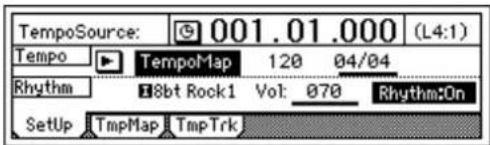 TempoSource: 001.01.000 (L4:1) Tempo ▶ TempoMap 120 04/04 Rhythm 18bt Rock1 Vol: 070 Rhythm:On Setup TmpMap TmpTrk