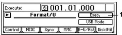 Execute: 001.01.000 Format/U Exec. USB Mode Control MIDI Sync MMC B-U/Rst DiskUtil