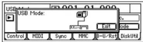 USB Mode: Control MIDI Sync MMC B-U/Rst DiskUtil Exit mode