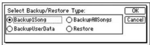 Select Backup/Restore Type: ● Backup1Song ○ BackupAllSongs ○ BackupUserData ○ Restore OK Cancel