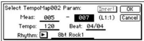 Select TempoMap002 Param: Meas: 005 - 007 (L1:1) Tempo: 120 Beat: 04/04 Rhythm: 8bt Rock1