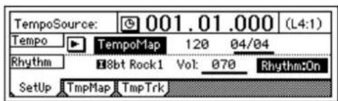 TempoSource: 001.01.000 (L4:1) Tempo ▶ TempoMap 120 04/04 Rhythm 18bt Rock1 Vol: 070 RhythmOn Setup TmpMap TmpTrk