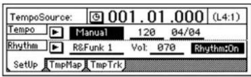 TempoSource: 001.01.000 (L4:1) Tempo Manual 120 04/04 Rhythm R&Funk 1 Vol: 070 RhythmOn SetUp TmpMap TmpTrk