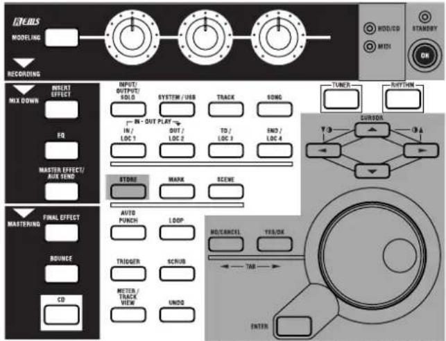 MOTOR MODELING RECORDING INPUT/ OUTPUT/ SOLD SYSTEM / USB TRACK SONG TUNER SUTTON MX DOWN INSERT EFFECT IN / IN / OUT / OUT / TO / END / LOC 1 LOC 2 LOC 3 LOC 4 CURSOR TUR EQ MASTER EFFECT/ AUX SEND STORE MARK SCENE FINAL EFFECT AUTO PUNCH LOOP MO/CANCEL YES/OK ROUNCE ROUND TRIGGER SCRUB METER / TRACK VIEW UNDO CD ENTER