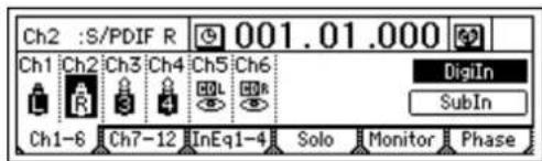 Ch2 :S/PDIF R 001.01.000 Ch1 Ch2 Ch3 Ch4 Ch5 Ch6 DigiIn SubIn Ch1-6 Ch7-12 InEq1-4 Solo Monitor Phase