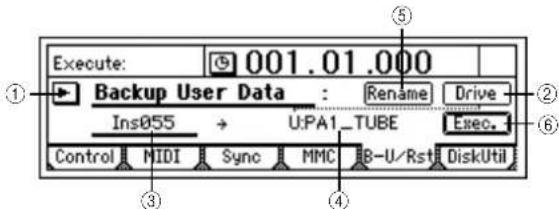 Execute: 001.01.000 Backup User Data : Rename Drive Ins055 → U:PA1_TUBE Exec. Control MIDI Sync MMC B-U/Rst DiskUtil