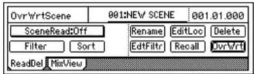 OvrWrtscene 001:NEW SCENE 001.01.000 SceneRead:Off Rename EditLoc Delete Filter Sort EditFiltr Recall OvrWrts ReadDel: MisView