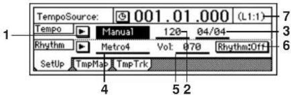 TempoSource: 001.01.000 (L1:1) Tempo Manual 120 04/04 Rhythm Metro4 Vol: 070 Rhythm:Off SetUp TmpMap TmpTrk 4 5 2