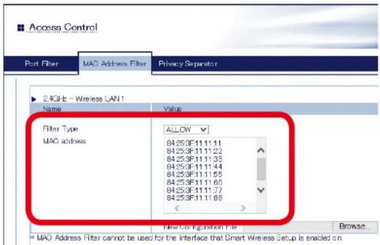 Silex AP-500AC - From the left menu in the Web page, click Access Control - MAC Address Filter. - 2