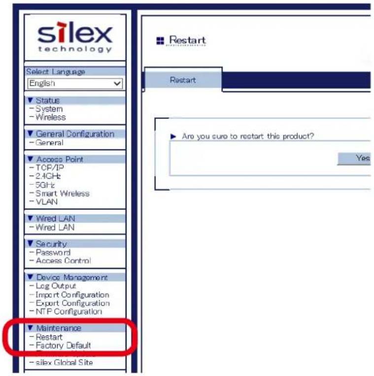 Silex AP-500AC - From the left menu on the Web page, click Maintenance - Restart. - 1