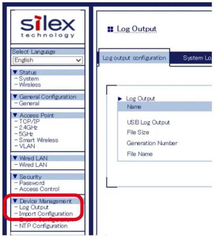 Silex AP-500AC - From the left menu on the Web page, click Log Output. - 1