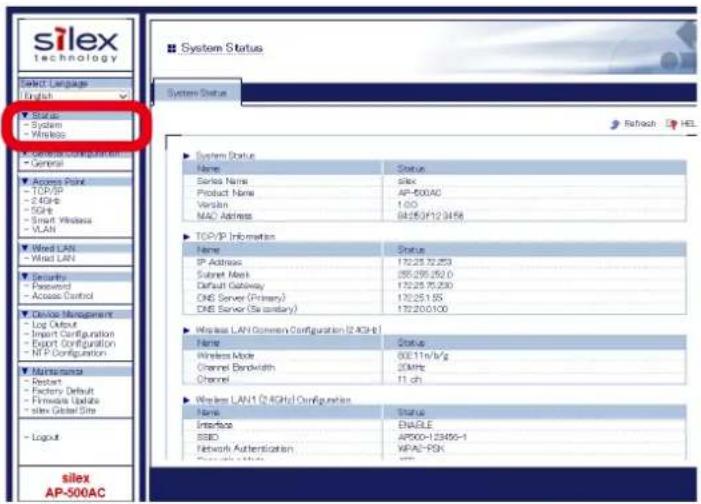 Silex AP-500AC - From the left menu in the Web page, click System. - 1