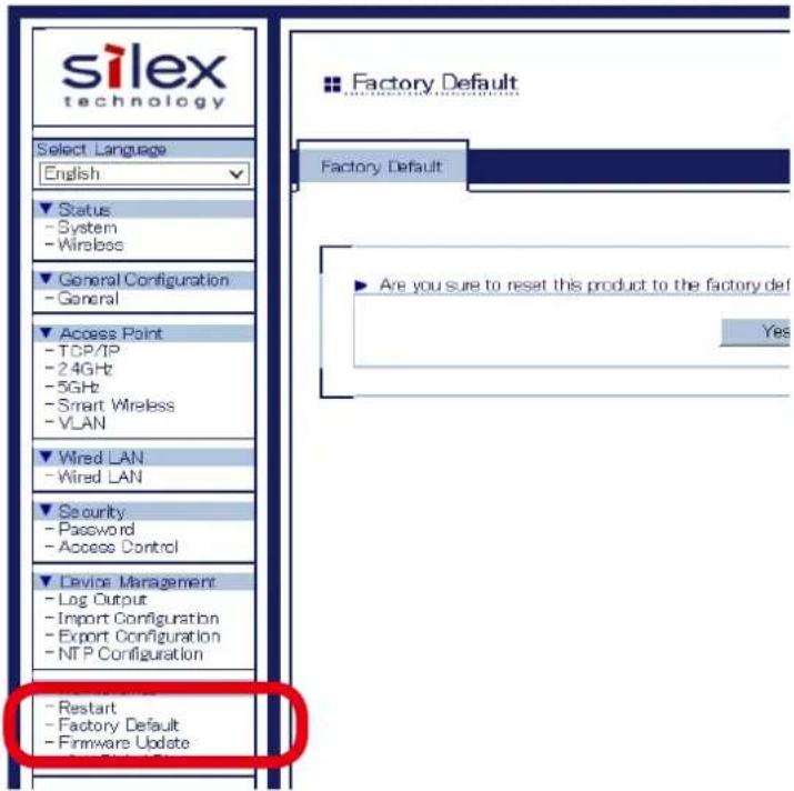 Silex AP-500AC - From the left menu on the Web page, click Maintenance - Factory Default. - 1