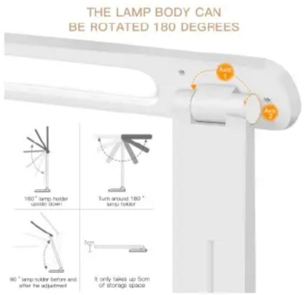 THE LAMP BODY CAN BE ROTATED 180 DEGREES 180° lamp holder upside down Turn around 180° lamp holder 90° lamp holder before and after the adjustment It only takes up 5cm of storage space