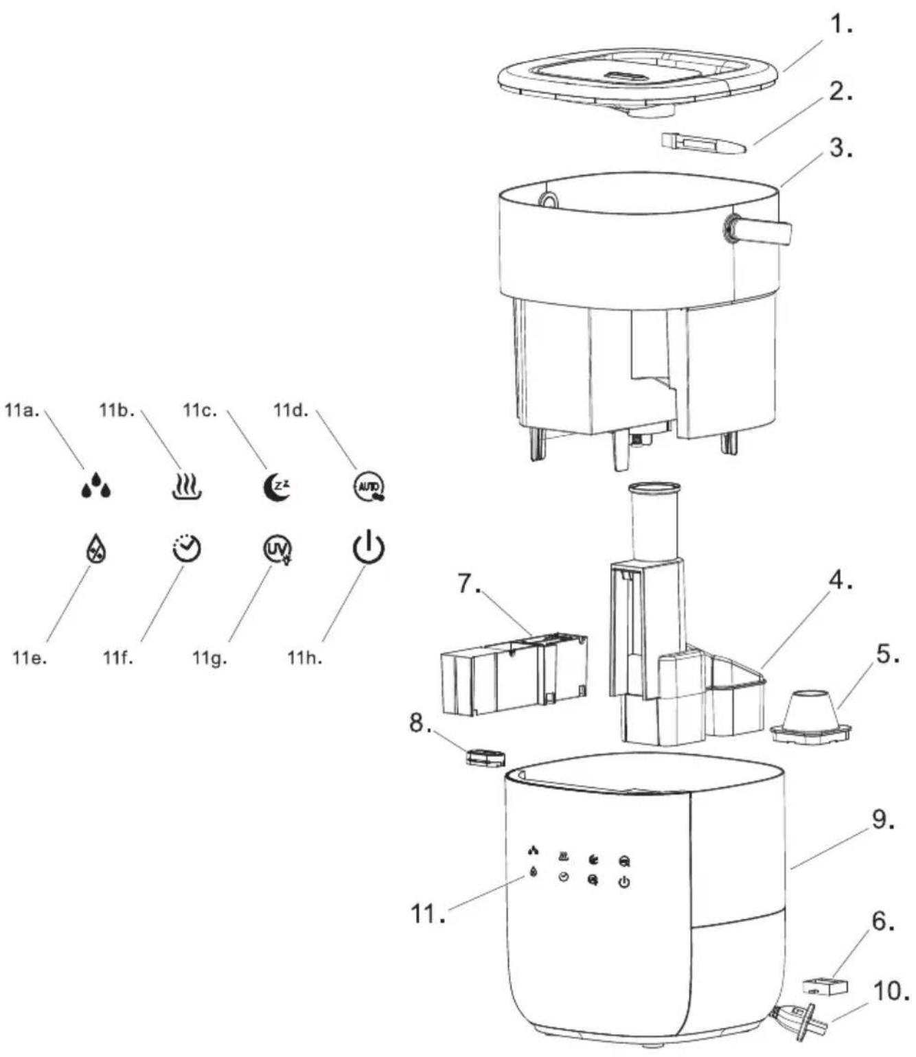 Exploded view diagram of a kitchen appliance with labeled parts and icons for cleaning or assembly.