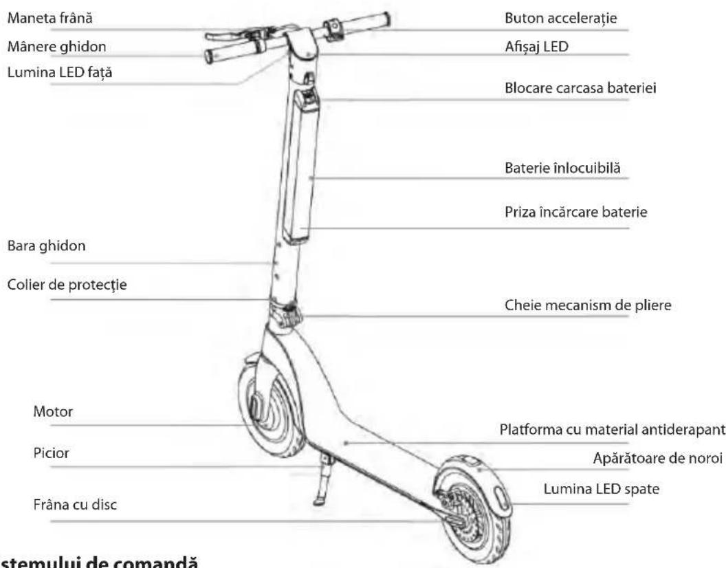 Maneta frână Mânere ghidon Lumina LED față Buton accelerație Afișaj LED Blocare carcasa bateriei Baterie înlocuibilă Priza încărcare baterie Bara ghidon Colier de protectie Cheie mecanism de pliere Motor Picior Frâna cu disc Platforma cu material antiderapant Apărătoare de noroi Lumina LED spate stemului de comandă