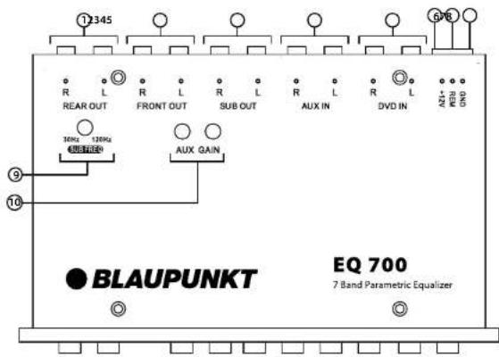 12345 R L REAR OUT 10MHz 120MHz 400Ω 9 10 AUX GAIN BLAUPUNKT EQ 700 7 Band Parametric Equalizer