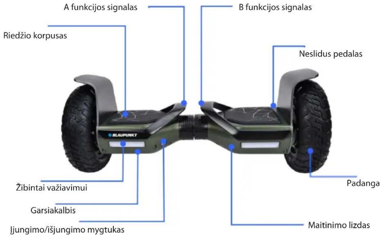 A funkcijos signalas Riedžio korpusas B funkcijos signalas Neslidus pedalas Žibintai važiavimui Garsiakalbis Jungimo/išjungimo mygtukas Padanga Maitinimo lizdas BLAUPUNKT