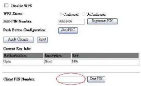 Disable WPS WPS Status: Configured UnConfigured Self-PIN Number: 95661469 Regenerate PIN Push Button Configuration: StatPSC Apply Changes Reset Current Key Info: Authentication Encryption Key Open None N/A Client PIN Number: Start PIN