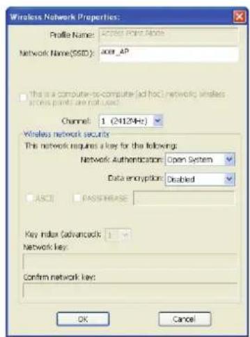 Wireless Network Properties: Profile Name: Access Point Node Network Name(051D): acer_AP This is a computer-to-computer (ad hoc) networking wireless access points are not used Channel: 1 (24124Hz) Wireless network security This network requires a key for the following: Network Authentication: Open System Data encryption: Disabled ASCII PASSE/REASE Key index (Advanced): Network key: Confirm network key: OK Cancel